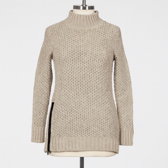 Banana Republic Sweater Womens S Tan Chunky Knit Mock Neck Zip Hem Cozy Neutral - Picture 1 of 10